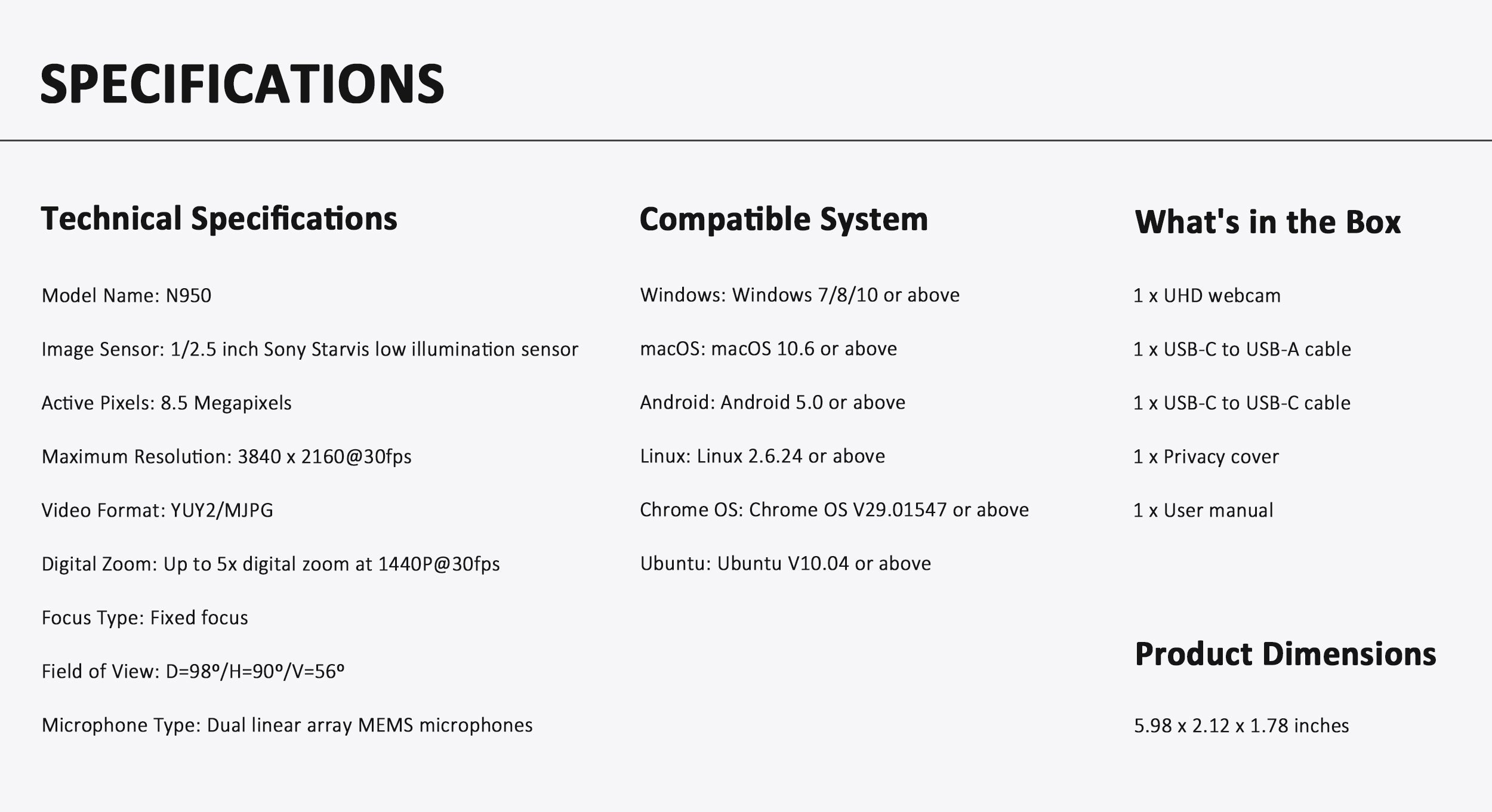 webcam product information and specifications
